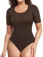 Women's Solid U Neck Short Sleeve Hook and Eye Shapewear Bodysuit, Seamless Tummy Control Shaper, Lady's Comfort Basic Minima...