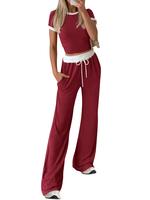 BTFBM Women's 2-Piece Summer Casual Lounge Set with Short Sleeve Crew Neck Cropped Top and Elastic Waist Wide Leg Pants