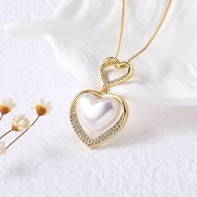 Brass Micro Pave Clear Cubic Zirconia & Plastic Double Heart Pendant Necklaces for Women
