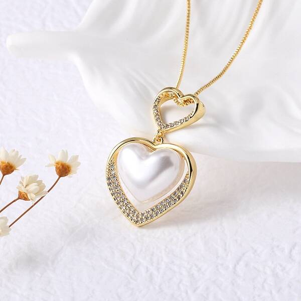 Brass Micro Pave Clear Cubic Zirconia & Plastic Double Heart Pendant Necklaces for Women
