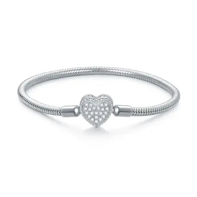 Sterling Silver Round Zircon Heart Charm Bracelet