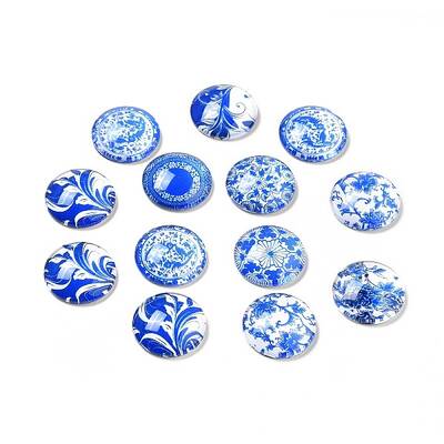 Blue and White Floral Printed Glass Cabochons