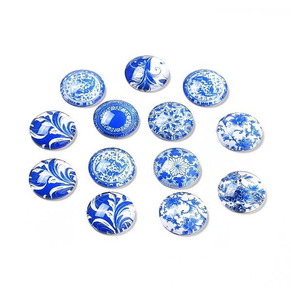 Blue and White Floral Printed Glass Cabochons