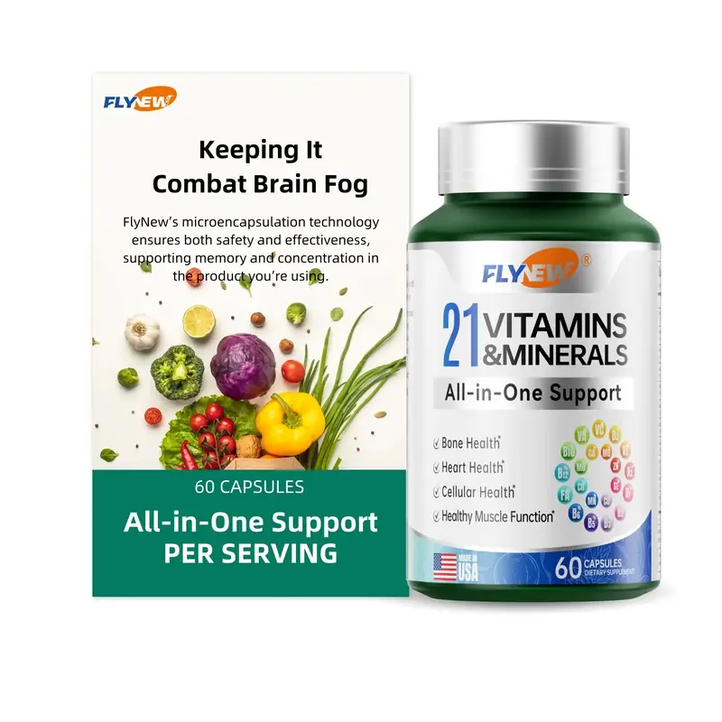 FlyNew 21 Vitamins & Minerals | Energy & Focus |  All-in-One Support | Made in USA | 60 Capsules Dietary Supplement
