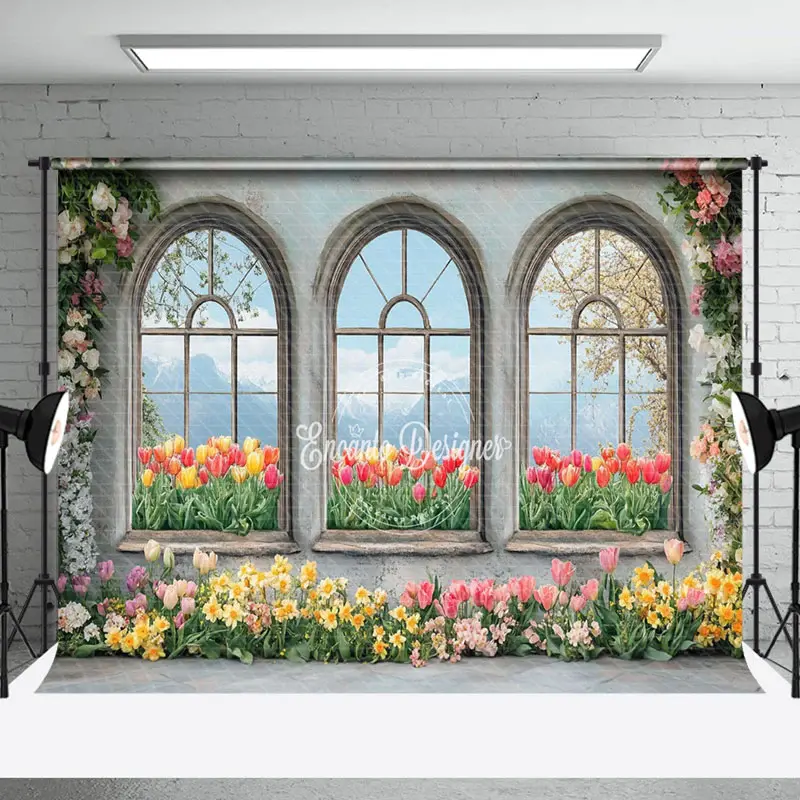 Aperturee Colorful Floral Retro Window Natural Scene Backdrop | Spring Backdrop For Pictures | Spring Flower Backdrop | Sprin...