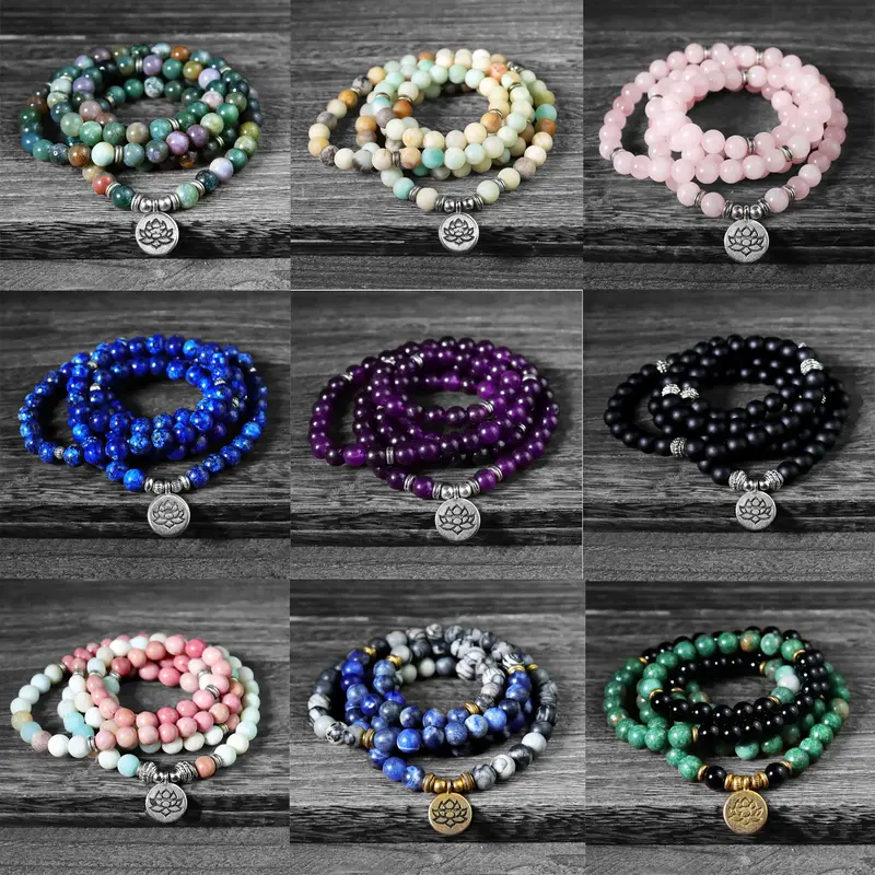 Natural Multi-Gemstone 8mm Beads Prayer Lotus Charm Healing Reiki 108 Mala Beads Bracelet Prayer Meditation Inner Peace Brace...