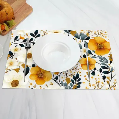 White Yellow Floral Leaf Dining Set Of 4 Placemats - Aperturee