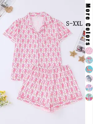 Women's Monkey Print Lapel Neck Button Front Shirt & Elastic Waist Shorts Pyjama Set, Casual Comfy Short Sleeve Pocket Top & ...