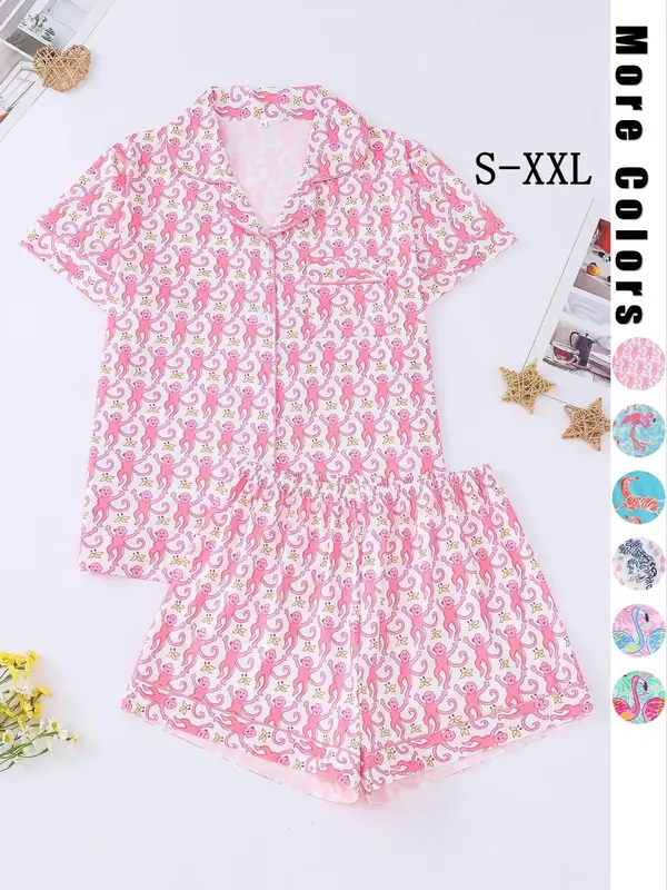 Women's Monkey Print Lapel Neck Button Front Shirt & Elastic Waist Shorts Pyjama Set, Casual Comfy Short Sleeve Pocket Top & ...