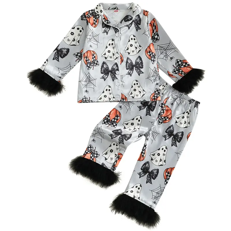 Little Toddler Girl Halloween Pajama Set Pumpkin Ghost Print Fur Trim Button Down Long Sleeve Tops Shirt and Pants 2pcs Sleep...