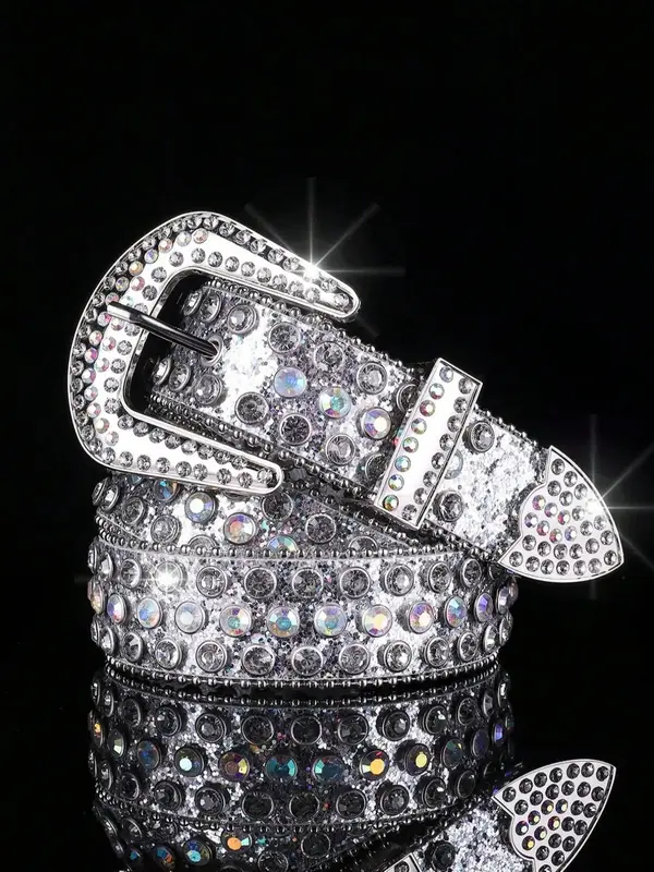 1 Piece Rhinestone Western Buckle Belt, Fashion Holographic Belt, Glitter Punk Waistband for Party, Daily Clothing Decoration