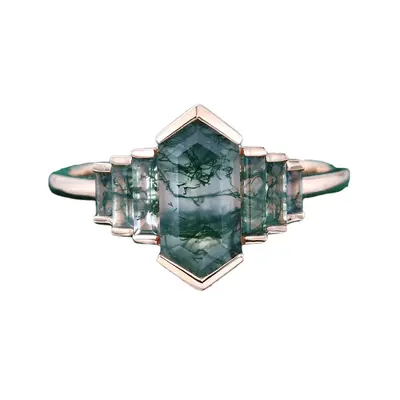 Sterling Silver with Yellow Gold Plated Hexagon Cut Moss Agate Ring