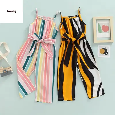 Fashionable Little Girl Jumpsuit, Spaghetti Square Neck Sleeveless Stripe Pattern Bow Knot Waist Belt Loose Long Pants