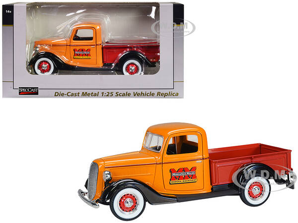 1937 Ford Pickup Truck Minneapolis Moline Orange with Red Truck Bed and Black Fenders 1/25 Diecast Model Car by SpecCast
