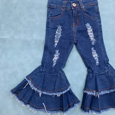 Baby girls distressed blue jeans kids denim bell bottoms