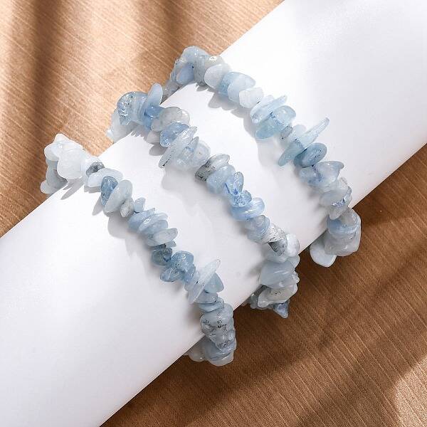 Natural Aquamarine Chip Beaded Stretch Bracelets for Women Men