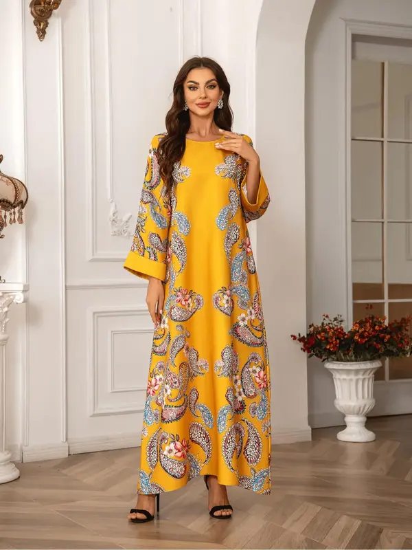 Women's Floral Pattern Faux Pearl Decorated Dress, Elegant Long Sleeve Round Neck Dress for Daily Wear, Ladies Islamic Clothi...