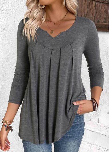 Modlily Grey Pleated Long Sleeve Split Neck T Shirt - XL
