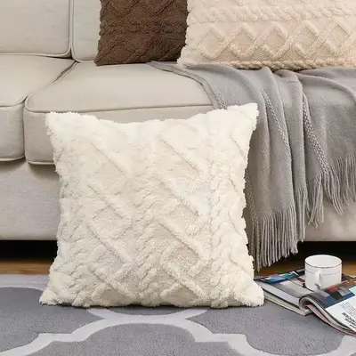 Square Plush Throw Pillow Case, 1 Count Solid Color Geometric Jacquard Cushion Cover without Filler, Home Decor for Home Livi...