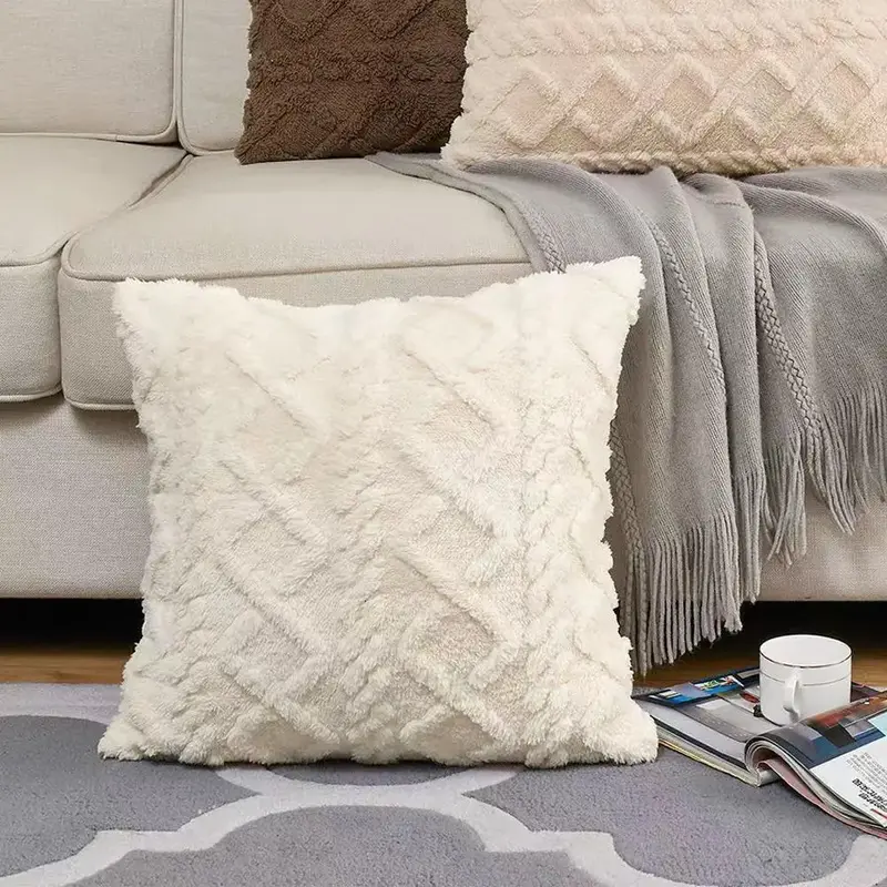 Square Plush Throw Pillow Case, 1 Count Solid Color Geometric Jacquard Cushion Cover without Filler, Home Decor for Home Livi...