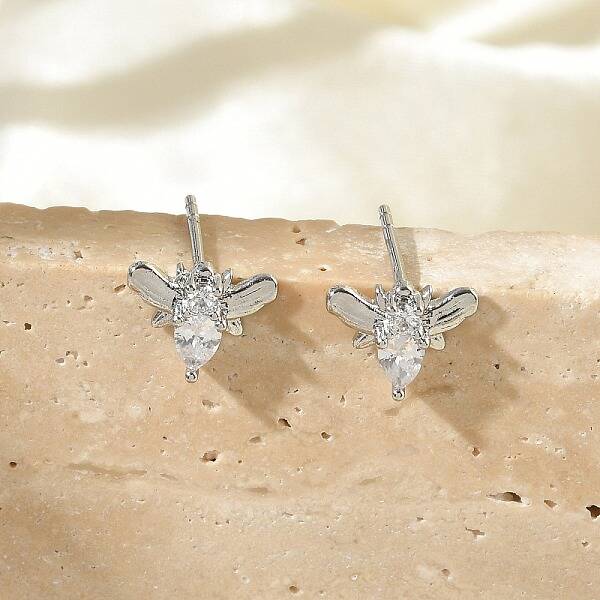Brass Micro Pave Clear Cubic Zirconia Stud Earrings