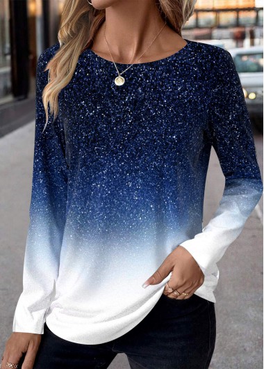 Modlily Blue Patchwork Ombre Long Sleeve Round Neck T Shirt - XL