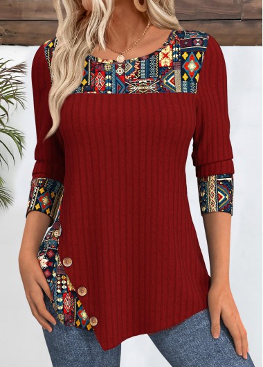 Modlily Peacock Blue Tribal Print Round Neck T Shirt - M