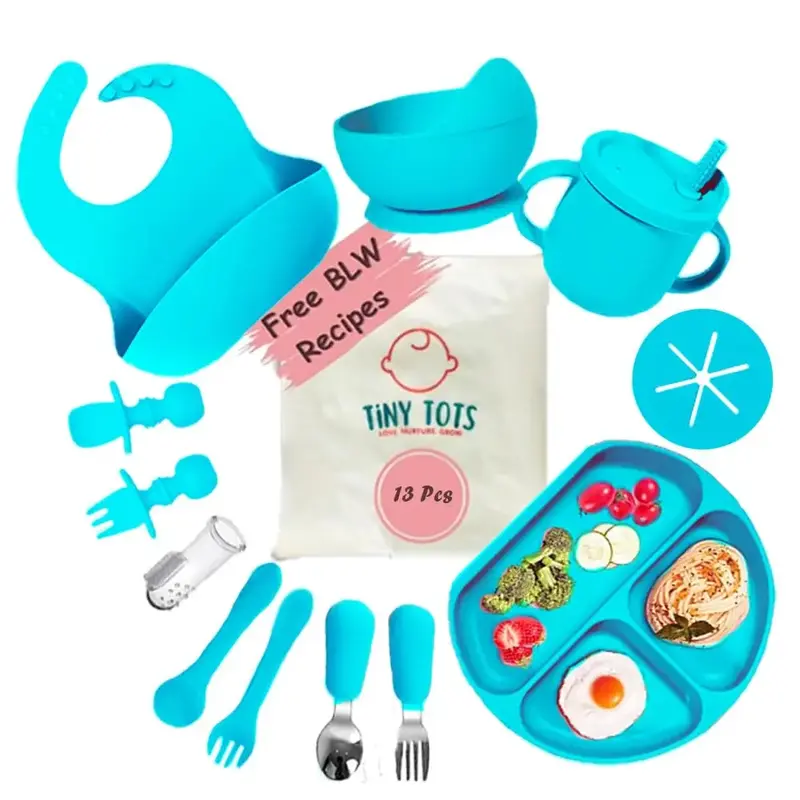 TinyTots Silicone Baby Feeding Set 13 pcs with BLW Recipes. Baby Plates and Bowls Set, Baby & Toddler Spoons Set, Sippy Cup &...