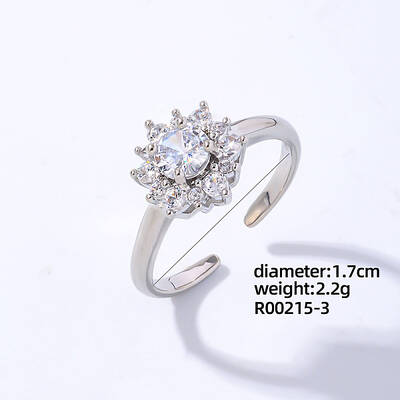 Flower Platinum Brass Open Cuff Ring with Cubic Zirconia