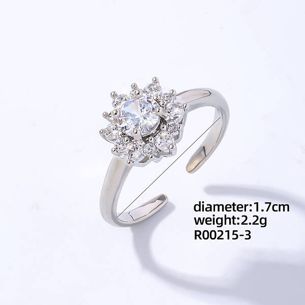 Flower Platinum Brass Open Cuff Ring with Cubic Zirconia