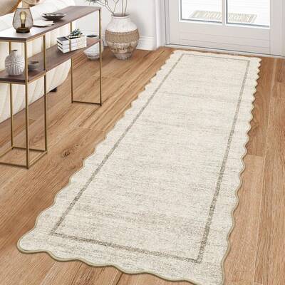 Garvee Scalloped Runner Rug 2x6 Beige Non-Slip Washable Stain Resistant Soft Fiber for Kitchen Entryway Bedroom