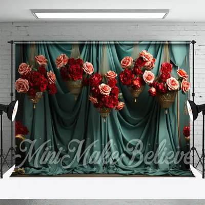 Lake Green Curtain Roses Basket Floral Backdrop - Aperturee