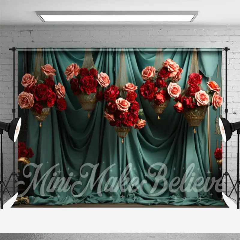 Lake Green Curtain Roses Basket Floral Backdrop - Aperturee