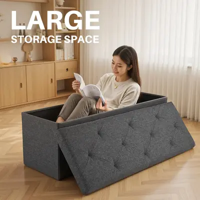 Folding Storage Ottoman Bench, Foot Rest Stool with Padded Seat, Large Toy Box Storage Chest with Seatin, Holds up to 660 lb-...