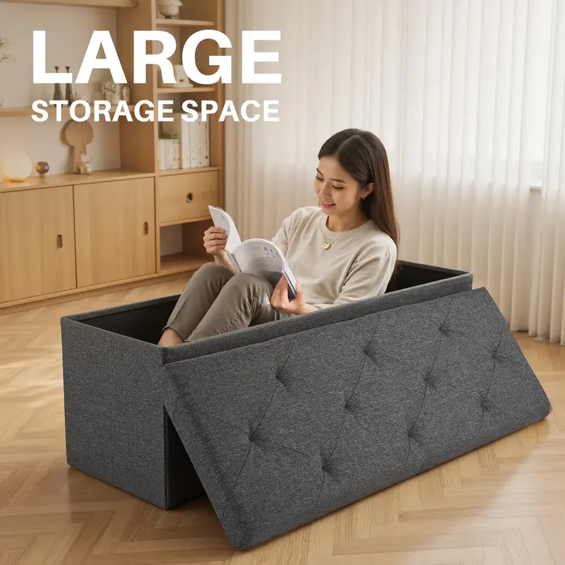 Folding Storage Ottoman Bench, Foot Rest Stool with Padded Seat, Large Toy Box Storage Chest with Seatin, Holds up to 660 lb-...