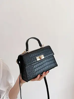 Women's Mini Crocodile Embossed Button Buckle Flap Handbag, Simple Plain PU Leather Small Square Bag, Casual Texture Crossbod...