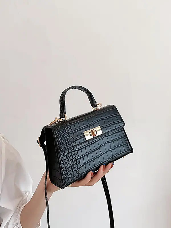 Women's Mini Crocodile Embossed Button Buckle Flap Handbag, Simple Plain PU Leather Small Square Bag, Casual Texture Crossbod...