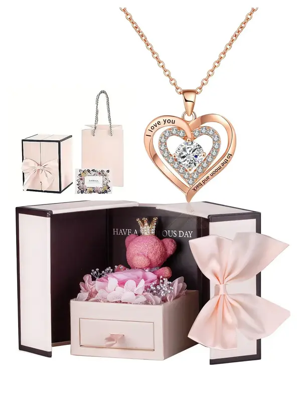 Elegant Heart Shaped Rhinestone Decor Pendant Necklace with Flower Rose Box, Fashionable Necklace for Women, Elegant Jewelry ...