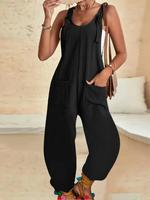 Women's Plain Knot Design Pocket Overall Jumpsuit without Bandeau, Casual Fashion Sleeveless Scoop Neck Jumpsuit for Daily Ou...