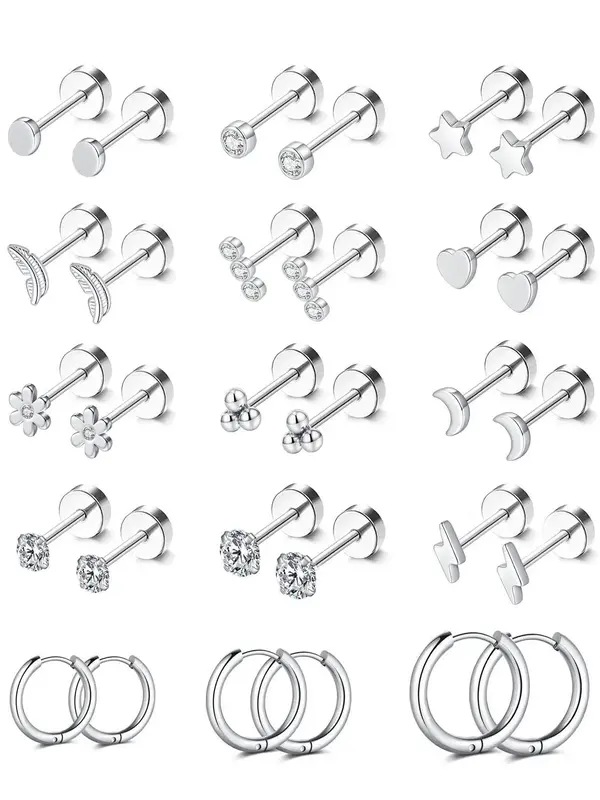 Cute Star & Heart Shaped Earrings Set, Artificial Gemstone Earrings, Stainless Steel Flat Back Earrings, Hypoallergenic 20g S...