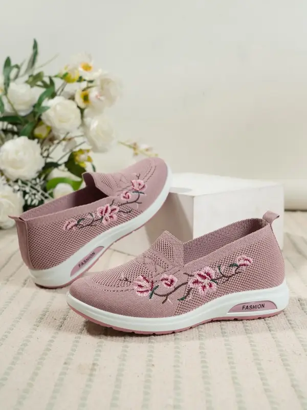 Women's Minimalist Causal Embroidering Floral Pattern Design Soft Slip On Shoes, Fashionable Lightweight Round Toe Slip On Sh...
