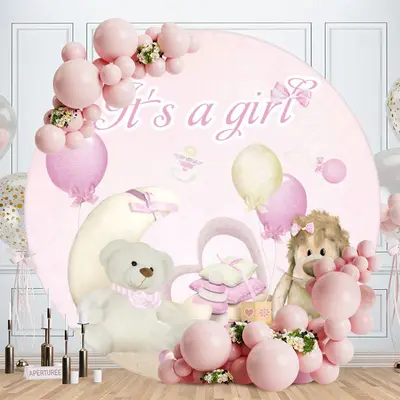 Aperturee Pink Its A Girl Ballon And Bear Round Baby Shower Backdrop