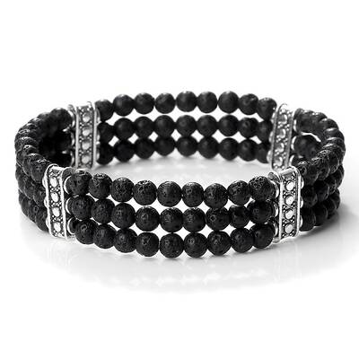 Round Natural Lava Rock & Alloy Multi-Strand Beaded Stretch Bracelets for Women Men