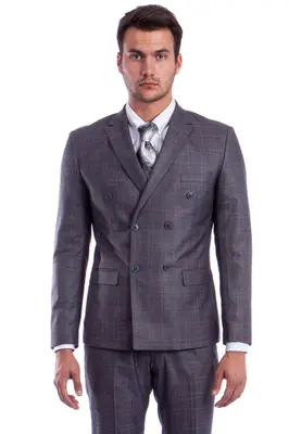 Glen Plaid Charcoal Grey Suit - Men's Slim Fit Double Breasted