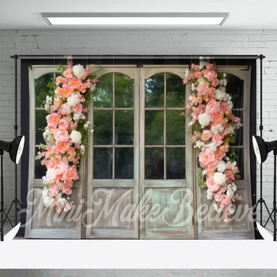 Pink Floral White Wood Door And Window Backdrop - Aperturee