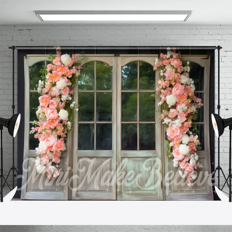 Pink Floral White Wood Door And Window Backdrop - Aperturee