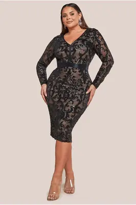 Goddiva Plus Sequin & Mesh Midi Dress - Black