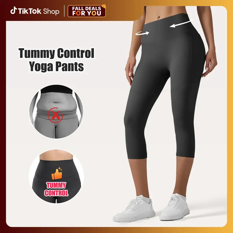 [Size up recommended] Viconow Tummy Control Capris Shorts for Women with Pockets - High Waist Bike Leggings for Gym Workout Y...