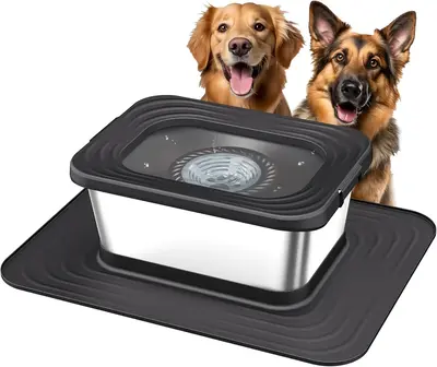 10L Stainless Steel Dog Water Bowl, No Spill Anti-Splash Dog Bowls with XXL Silicone Mat, Spill-Proof Slow Feeder for Messy D...