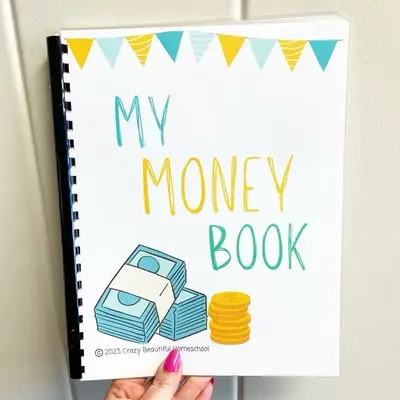 Money learning activity book. Counting money, coin sorting, beginning finance book.
